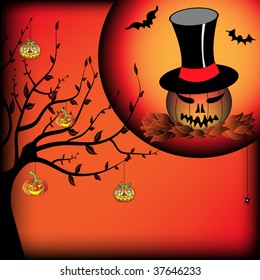 Colorful background with tree shape with many branches, small bats, dry leaves and pumpkin wearing a hat. Halloween theme