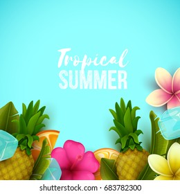 Colorful background with tropical flowers and fruits. Vector illustration.