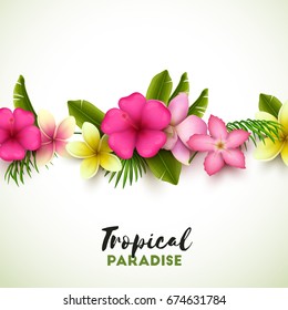 Colorful background with tropical flowers and palm leaves. Vector illustration.