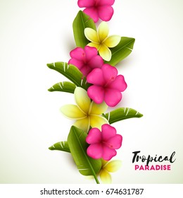 Colorful background with tropical flowers and palm leaves. Vector illustration.