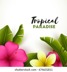 Colorful background with tropical flowers and palm leaves. Vector illustration.