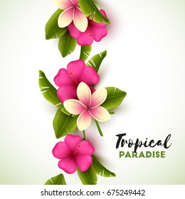 Colorful background with tropical flowers and palm leaves. Vector illustration.