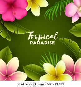 Colorful background with tropical flowers and palm leaves. Vector illustration.