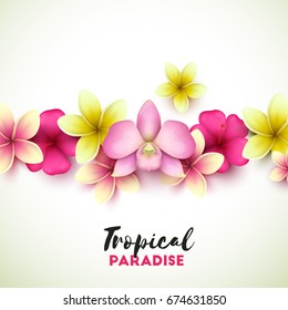 Colorful background with tropical flowers. Vector illustration.