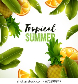 Colorful background with tropical fruits and palm leaves. Vector illustration.