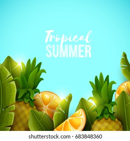Colorful background with tropical fruits and palm leaves. Vector illustration.