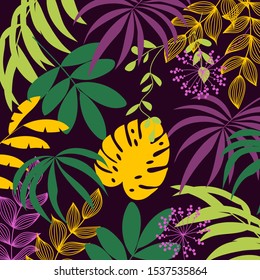 Colorful background with tropical plants and leaves. Summer background with exotic leaves. Printing with in hand drawn style. Vector background for various surface. 