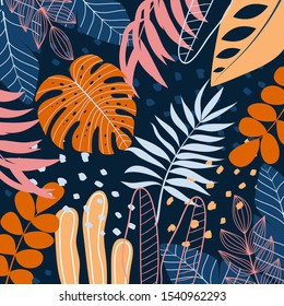 Colorful background with tropical plants and leaves. Hand draw texture. Vector template. Vector background for various surface. Illustration in Hawaiian style. Jungle leaves.