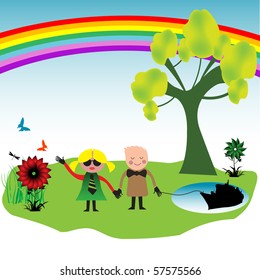 Colorful background with two children playing on a little playground near a tree