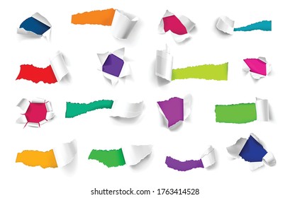 Colorful background under torn sheets of white paper realistic set isolated vector illustration