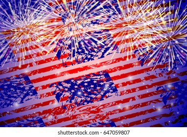 Colorful background from the USA flags and fireworks. Vector Illustration