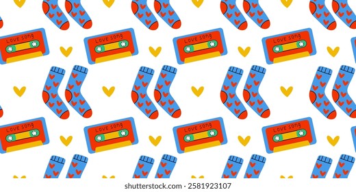 Colorful background for Valentine's day with cassette tape and socks, seamless pattern on white background.