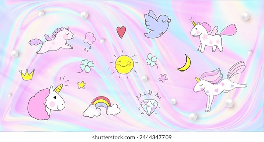 A colorful background with a variety of unicorns, rainbows, and other whimsical creatures. Scene is playful and fun