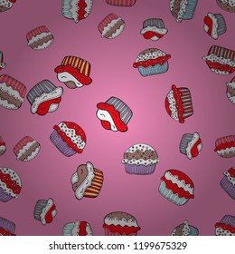 Colorful background vector with collection of confectionery. Seamless cupcakes hand drawn seamless pattern. Romantic ornament, backdrop design. Decorative wallpaper, good for printing.