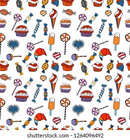Colorful background vector with collection of confectionery. Seamless cupcakes hand drawn seamless pattern. Romantic ornament, backdrop design. Decorative wallpaper, good for printing.