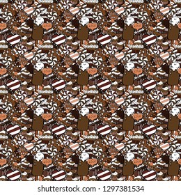 Colorful background vector with collection of confectionery. Seamless cupcakes hand drawn seamless pattern. Decorative wallpaper, good for printing. Romantic ornament, backdrop design.