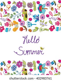 Colorful background , vector floral background with vivid colors and lettering Hello summer on a white background
