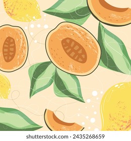 Colorful background vector illustration. Tropical fruit poster with papaya and lemon. Green leaf