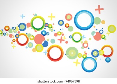 Colorful background vector with predominant shapes like circles, crosses and rings.