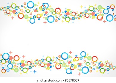 Colorful background vector with predominant shapes like circles, crosses and rings in two lines in top and bottom of the frame.