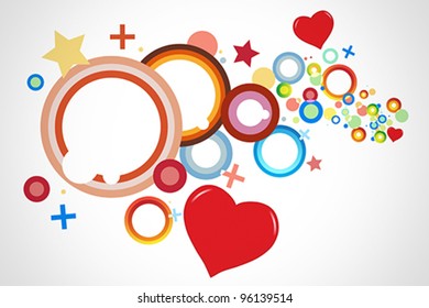 Colorful background vector with predominant shapes like hearts, circles, crosses and rings.