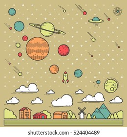 colorful background with village landscape and sky with planets and stars