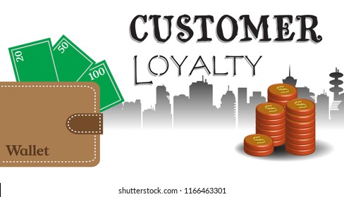 Colorful background with wallet, stack of coins and the word customer loyalty written with black letters