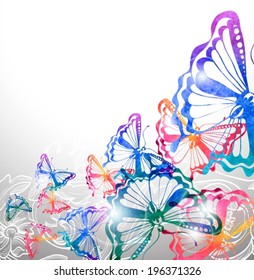 Colorful background with watercolor butterflies and flowers, beautiful illustration, VECTOR