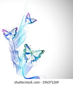 Colorful background with watercolor butterfly and abstract wave, beautiful illustration, VECTOR