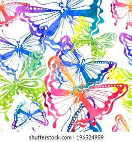 Colorful background with watercolor butterfly, beautiful illustration, seamless pattern, VECTOR