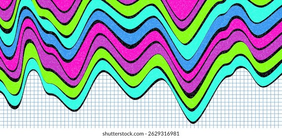 Colorful background with wavy crayon strokes flowing over a notebook grid. Bright scribble lines with a textured hand-drawn look. Creative school-themed backdrop with vibrant marker or chalk effect.