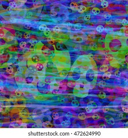Colorful background of  wavy lines and stylized skulls. Abstract seamless vector pattern for Halloween, fabrics, printing, book covers, home design