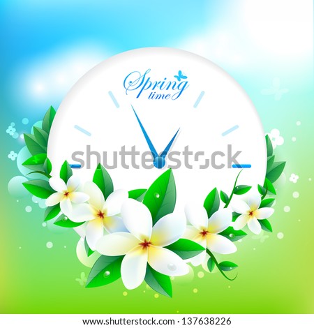 Colorful background with white flowers spring time clock