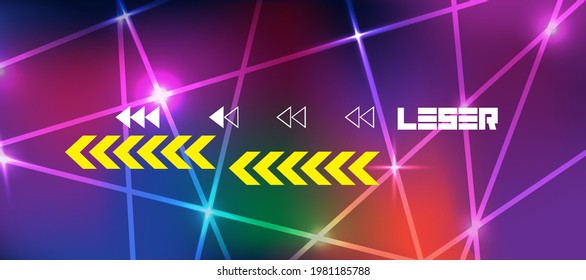 Fondo colorido con línea translúcida blanca con texto láser y flecha amarilla, morado, rojo, azul, rosa, verde, naranja