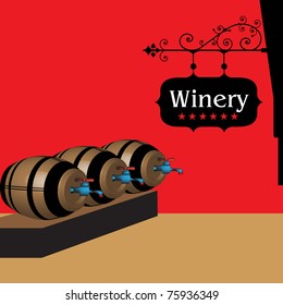 Colorful background with wine barrels in a cellar. Winery concept