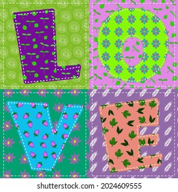 Colorful background with word "love" in patchwork style. Vector illustration.