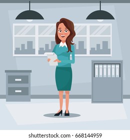 colorful background workplace office with executive woman with brown long hair standing with documents