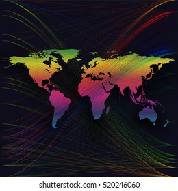 Colorful background with world map, abstract waves, lines. Bright color curves, swirl. Motion design. Bright vector decoration