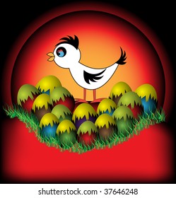 Colorful background with young chicken and colorful eggs. Easter chicken