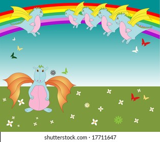 Colorful background with young dragons, rainbow, flowers and butterflies