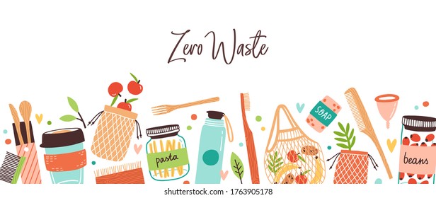 Colorful background with Zero Waste durable and reusable items or products. Elements of eco friendly, no plastic and go green style vector flat illustration. Goods with design elements isolated