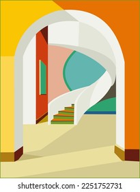 Colorful background,Clear room with arch and stairs