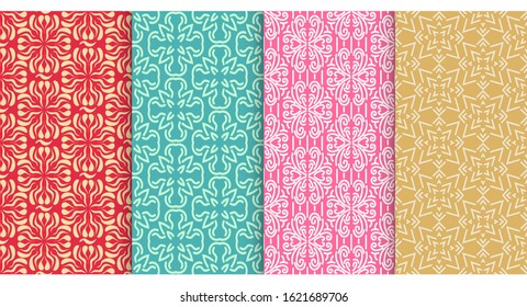Colorful backgrounds. Set of seamless vector patterns in retro style. 4 geometric patterns for your design. Vector image