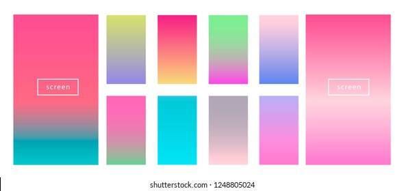 Colorful backgrounds in trendy neon colors: UFO Green, Plastic Pink, and Proton Purple, Electric Blue. Modern screen vector design for mobile app. Soft color abstract gradients.
