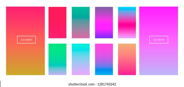 Colorful backgrounds in trendy neon colors: UFO Green, Plastic Pink, and Proton Purple, Electric Blue. Modern screen vector design for mobile app. Soft color abstract gradients. 
