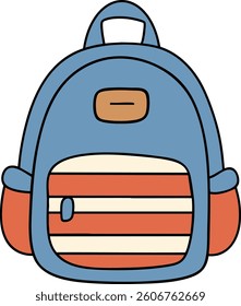 A colorful backpack with blue body and striped front pocket, perfect for school or travel