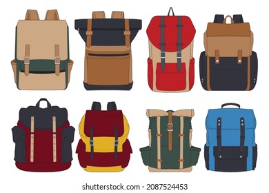 Colorful backpack collection illustration featuring multiple backpack designs in different colors and styles. Clean isolated vector artwork suitable for e-commerce, travel branding, school supplies, outdoor gear design, product mockups, catalogs, and UI elements.