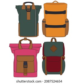 Conjunto De Mochilas Coloridas Vectoras. Conjunto de mochilas para escolares, estudiantes, viajeros y turistas. Volver a la escuela mochila ilustraciones de vectores planos aisladas en blanco.
