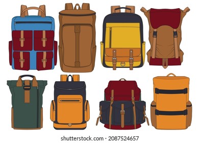 Set von Vektorfarben-Rucksäcken. Rucksäcke für Schüler, Studenten, Reisende und Touristen. Zurück zur Schule Rucksack flache Vektorgrafiken einzeln auf Weiß.
