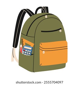 Colorful backpack for kids with study supplies. Calculator, ruler, pen. Back to school concept.